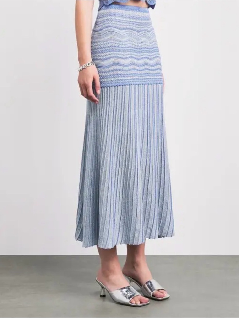 Sandro Blue Multi-Texture Pleated Maxi Skirt